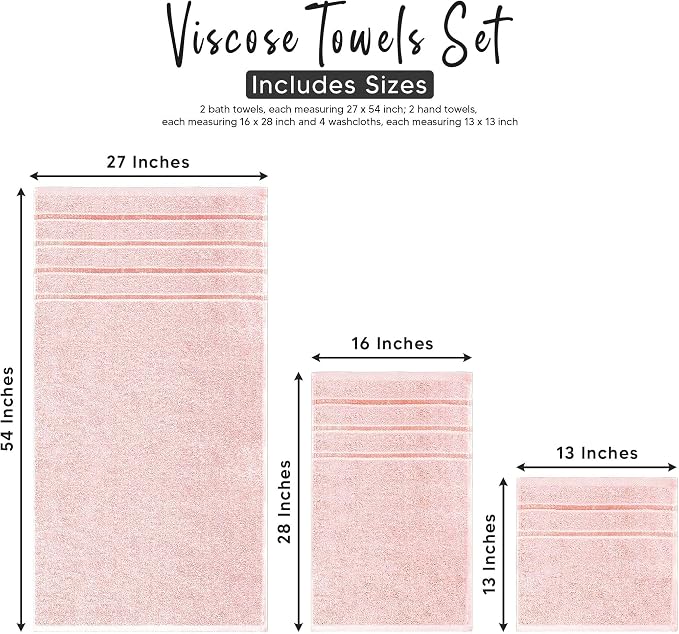 Luxury Pink Towel Set of 8-2 Bath Towels 2 Hand Towels 4 Washcloths - 600 GSM 100% Cotton Ring Spun Viscose Border Towels Set - Light Pink