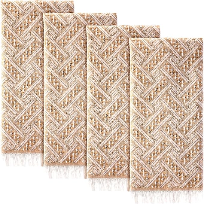 HunnmingRe 4 Pack Boho Hand Towel for Bathroom Kitchen 14x30 Inch 100% Turkish Cotton Summer Boho Decorative Towel Waffle Farmhouse Bathroom Decor Absorbent Soft Guest Gift(Brown,White)