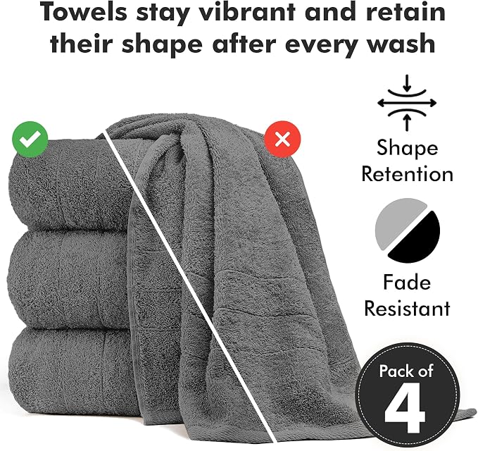 Bath Towels Set of 4 – 100% Ring Spun Cotton Dark Grey Extra Large Towels for Bathroom, Spa Use (55x28 in) – 550 GSM Super Soft and Quick Dry Large Bath Sheets for Adults