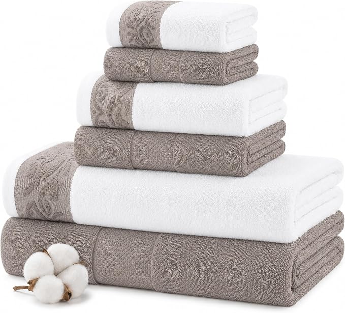 Modern Threads 600 GSM 6-Piece Towel Set with Filgree Jacquard Border Taupe