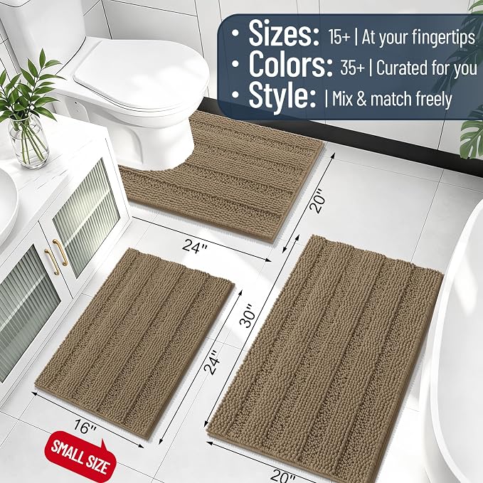 Smiry Thick Chenille Bathroom Rugs 36x24, Extra Soft Absorbent Striped Bath Mat, Machine Washable, Rubber Backing, Bath Rugs for Bathroom, Tub & Shower, Modern Home Decor Accessories, Tan