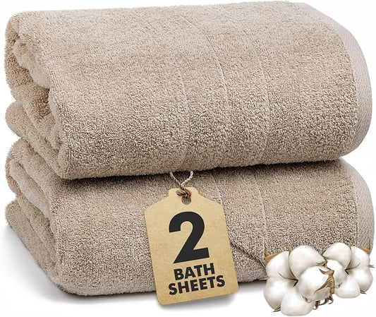 Bath Sheets – 550 GSM Extra Large Bathroom Sheet Set – Pack of 2 Jumbo Towels Beige (71x35in) – 100% Ring Spun Cotton Soft Quick Dry Large Bath Towels for Adults Hotel Spa Bathroom Use