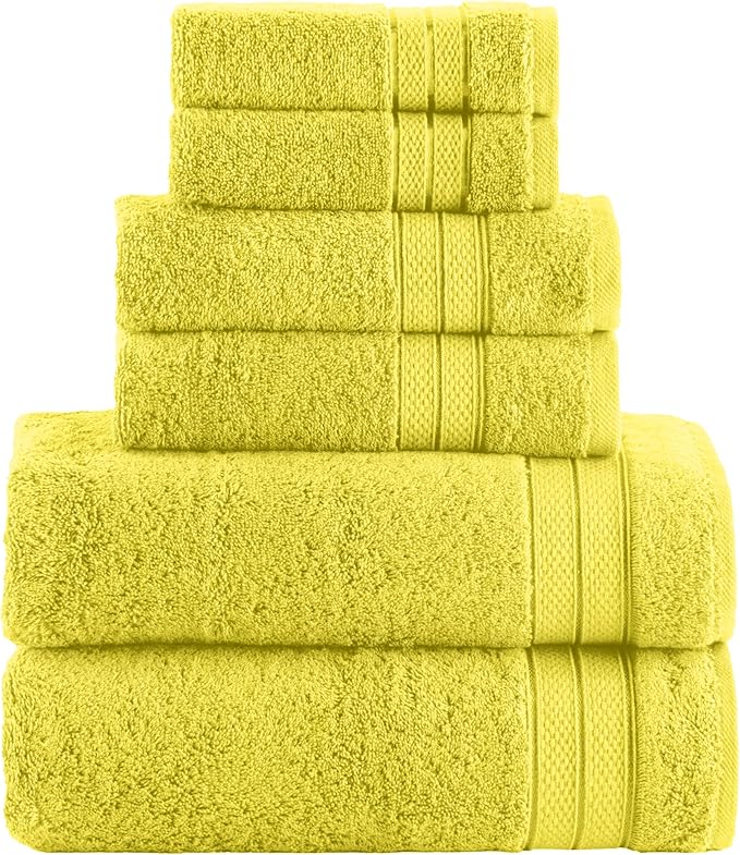 Elegant Comfort Luxury 6-Piece Towel Set, Premium Soft 100% Turkish Cotton, Three Line Popcorn Design 2 Bath Towels, 2 Hand Towels and 2 Washcloths Towel Set - Quick-Drying and Absorbent, Yellow