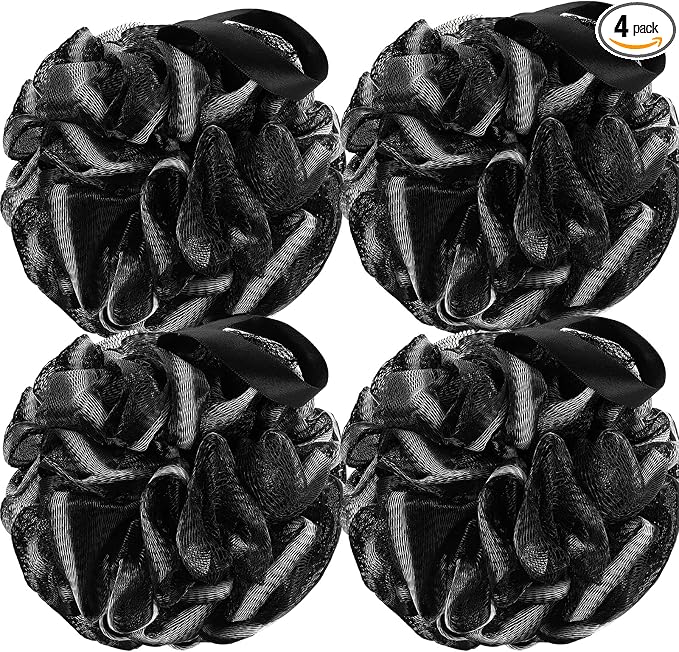 DadyMart Bath Shower Loofah Sponge 60g Bath Mesh Pouf Shower Ball Body Scrubber Exfoliating Bath Sponge for Women and Men, Set of 4, Black