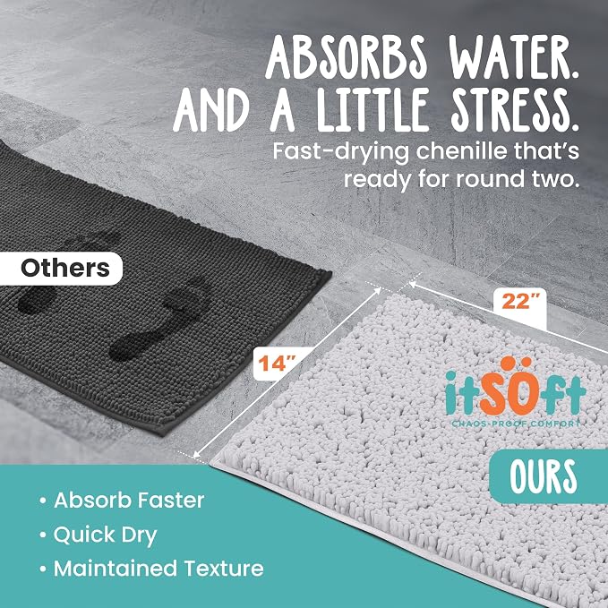 Small Chenille Bath Mats 22"x14", Plush Absorbent Bath Mats Quick Dry, Soft & Machine Washable, Non Slip Carpet for Bathroom, Thick Bathroom Rugs, Shower Restroom Rug Mat, Alfombras De Bano, Bathrugs