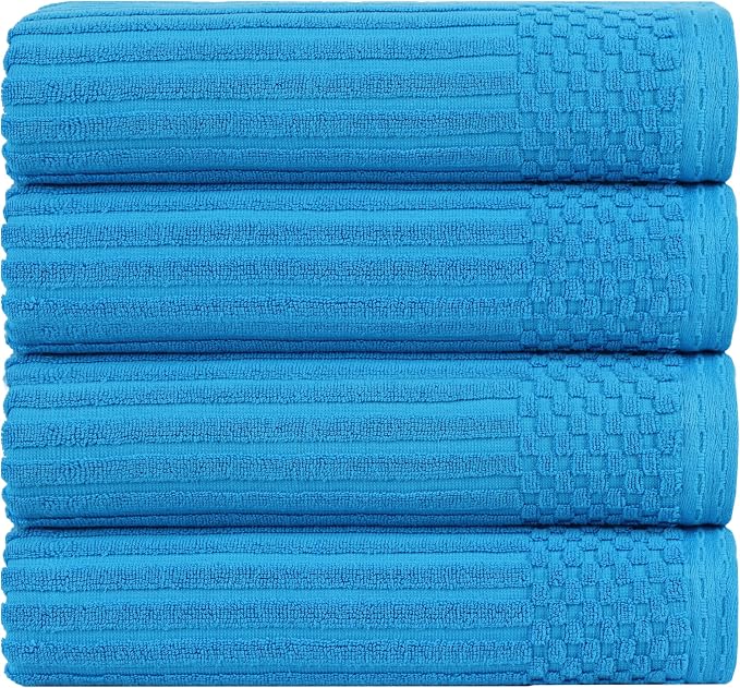 Superior 4 Piece Cotton Bath Towel Set, Includes 4 Bath Towels, Daily Use for Bathroom, Guest Bath, Quick Dry, Spa, Resort Towels, Ribbed, Absorbent, Home Essentials, Soho Collection, Azure