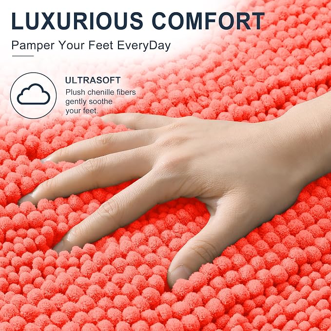 Smiry Thick Chenille Bathroom Runner Rugs 47x17, Extra Absorbent Striped Bath Mat, Machine Washable, Rubber Backing, Long Bath Rugs for Tub & Shower, Modern Home Decor Accessories, Coral