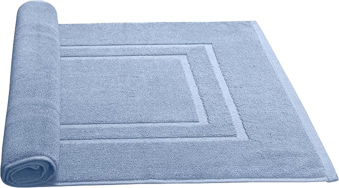 Feather & Stitch 2 Piece Towel Like Bath Mats (30x21 Inch) 100% Cotton Terry Bath Mats, Bathroom Shower Floor Mats [NOT A Bathroom Rug], Soft Absorbent Washable Mats - Pool Blue