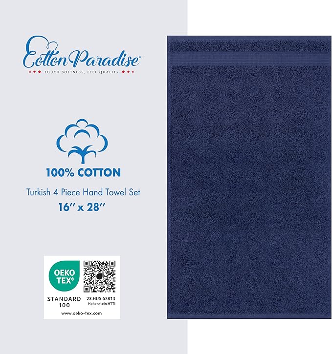 Cotton Paradise Hand Towels for Bathroom, 100% Cotton Turkish 4 Piece Hand Towel Set, Soft Absorbent Face Towels, Navy Blue Hand Towels