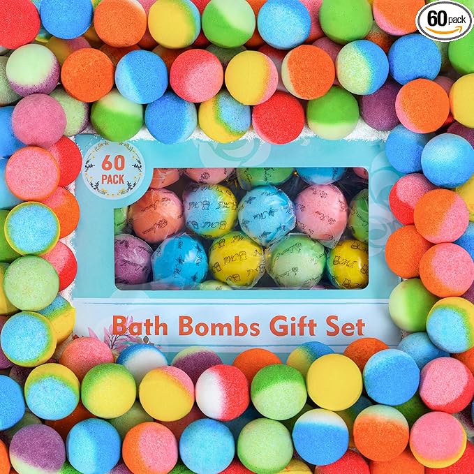60 Pack Bath Bombs Set, Christmas Stocking Stuffers, Birthday Gift Set for Women, Natural Organic Bath Bubble Bombs for Kids/Women/Men/Mom Individually Wrapped Handmade