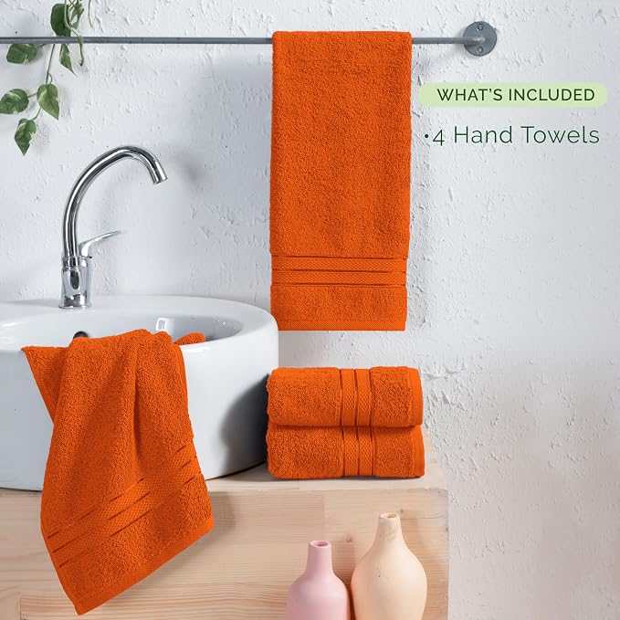 Elegant Comfort Three Line Popcorn Towel Set for Bathroom 16 x 28 inches, Premium Hotel Quality 4-PACK Hand Towels, 100% Turkish Cotton, Soft and Durable,Quick Dry and Highly Absorbent, Vibrant Orange