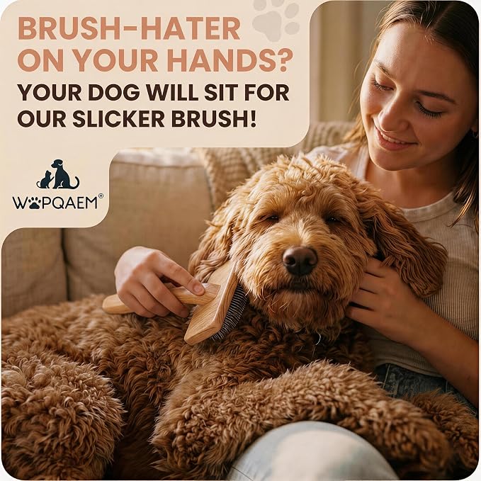 Wooden Long Pin Slicker Brush for Dogs, Doodles, Poodles, Long Hair | Grooming, Detangling, and Fluffing for Wavy and Curly Hair—Designed for Heavy, Thick Coats to Prevent Matting at Home