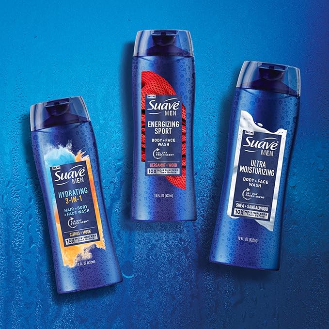 Suave Men Ultra Moisturizing Body & Face Wash, Shea & Sandlwood Scent, No Parabens, No Phtahaltes, 18 Oz Pack of 6