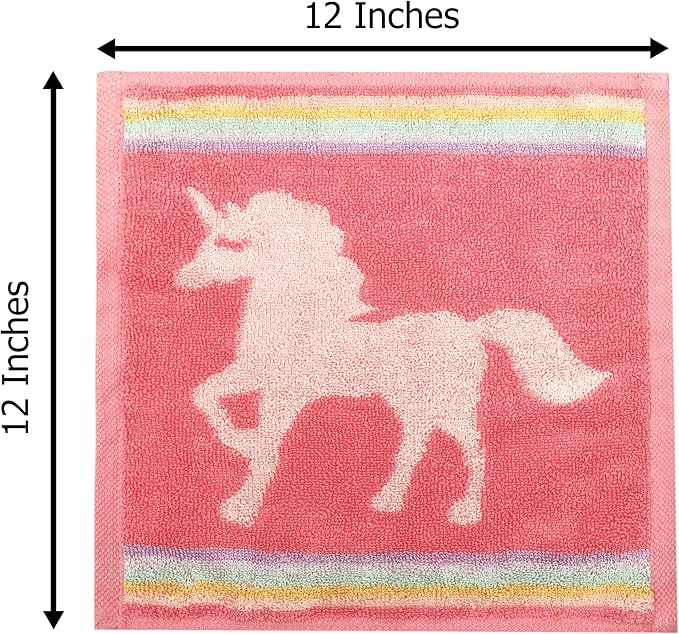 ORIGINAL KIDS Magical Unicorn Washcloths - 12 Pack 100% Cotton Terry Jacquard Wash Cloths - 630 GSM Plush Super Soft Absorbent Gentle Baby Face Towel - Bath Time Travel Daycare - 12 x 12 - Pink Multi