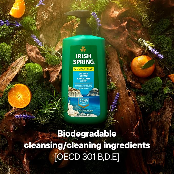 Irish Spring Active Scrub Exfoliating Body Wash for Men, 24-Hour Fresh, Biodegradable Ingredients, Paraben Free, Cool Fresh Scent, 30 fl oz Pump Bottle (Pack of 4)