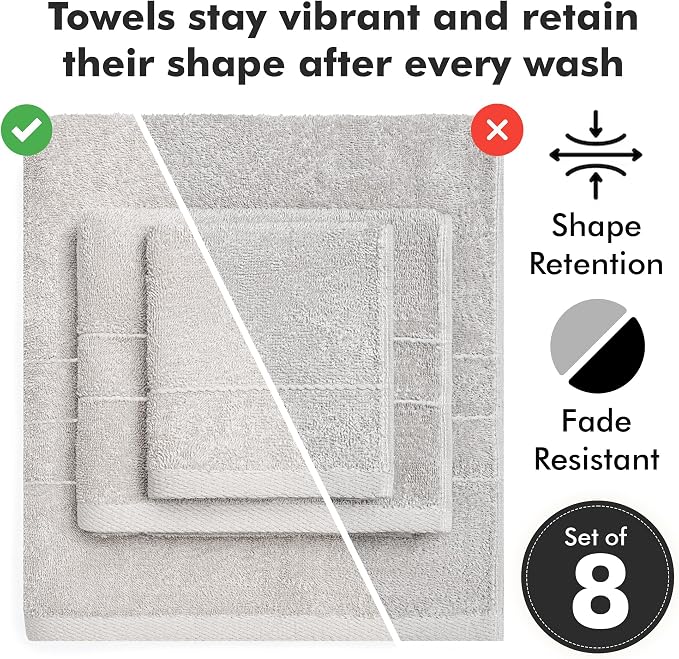 Bath Towels Set of 8 – 100% Cotton (Light Grey) Bathroom Towel Set Bale Includes 2 Bath, 2 Hand, 4 Face Towels – Soft, Absorbent & Quick Dry Towel for Bathroom, Spa, Kitchen, Hotel Use
