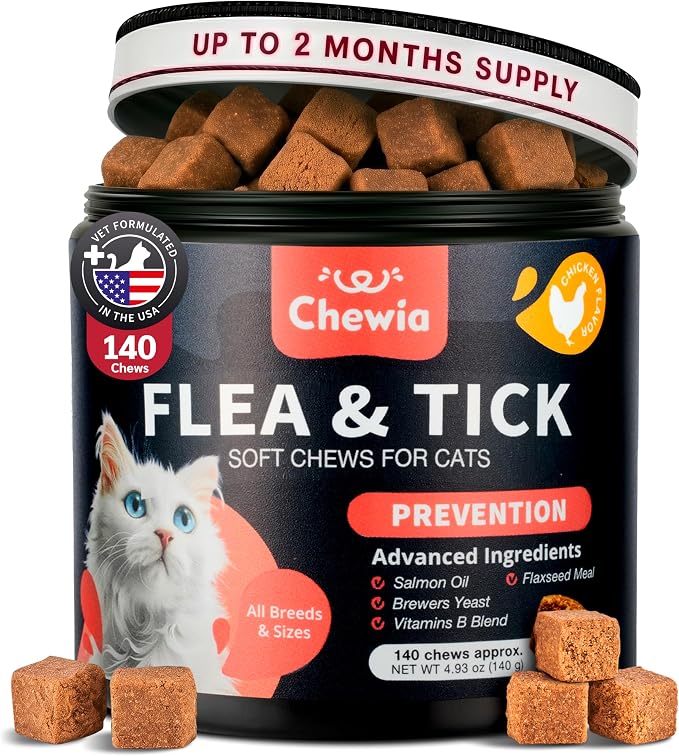 Flea Treatment for Cats - Daily Oral Cat Flea and Tick Treatment Chews - Chewable Kitten Flea Treatment - Soft Treats for All Breeds & Ages - Natural Chicken-Flavor Flea and Tick Supplement for Cats