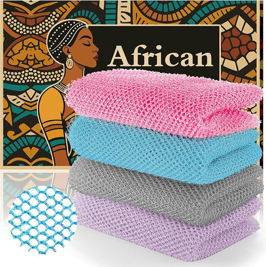 4PCS African Net Sponge - Exfoliating Bath Scrubber for Face/Body, Portable Travel Pack, Durable & Mild Exfoliation(Light Purple,Gray,Sky Blue,Pink)