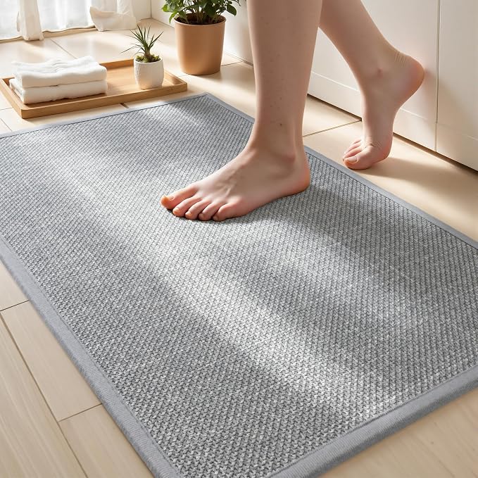 Bathroom Rugs Non Slip Bath Mat with Rubber-Backing Braided Absorbent Machine Washable Quick Dry Ultra Thin Bathroom Rugs Fit Under Door, 17" x 24" Grey Toilet Rug