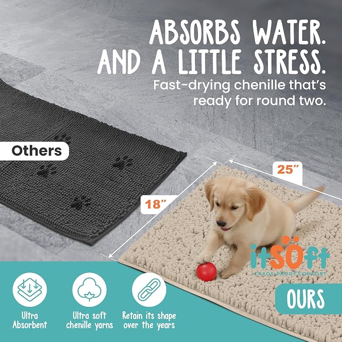 Dog Rugs for Muddy Paws 25x18 | Cleaner Mud Free Floors | Muddy Dogs Mats for Indoor, Dog Mat for Muddy Paws Door Mat Washable, Absorbent Chenille Mud Room Rug Paw Matt w/ Non Slip Backing, Beige