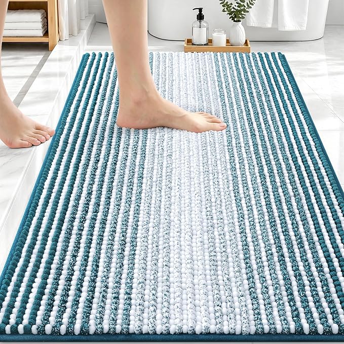 OLANLY Bathroom Rugs 30x20, Extra Soft Absorbent Chenille Striped Bath Rugs, Rubber Backing, Machine Wash Dry, Bath Mats for Bathroom Floor, Tub and Shower, Home Decor Accessories, Peacock Blue