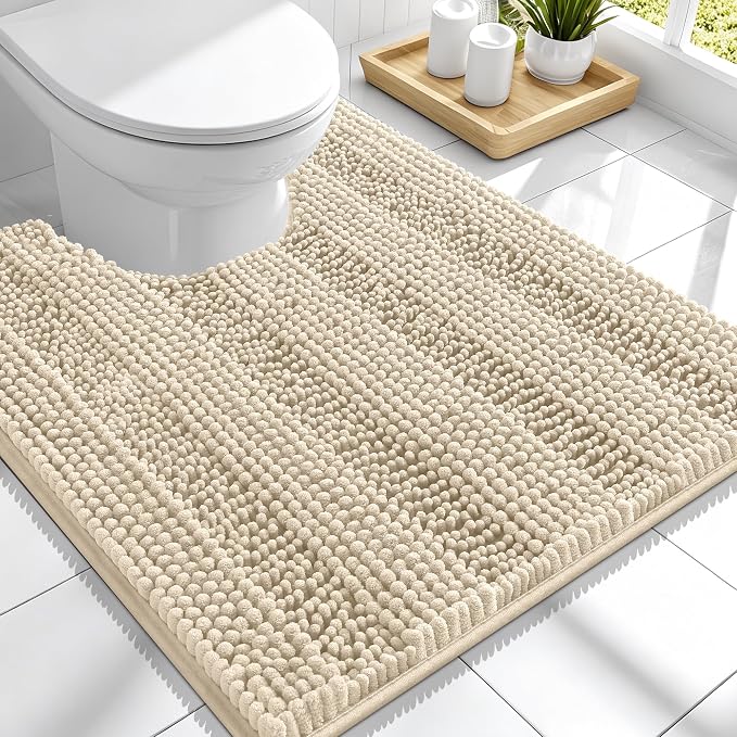 Smiry Thick Chenille Toilet Rugs U-Shaped 24x20, Extra Soft Absorbent Striped Contour Bathroom Rugs, Machine Washable, Dry Quickly, Bath Mat, Sand