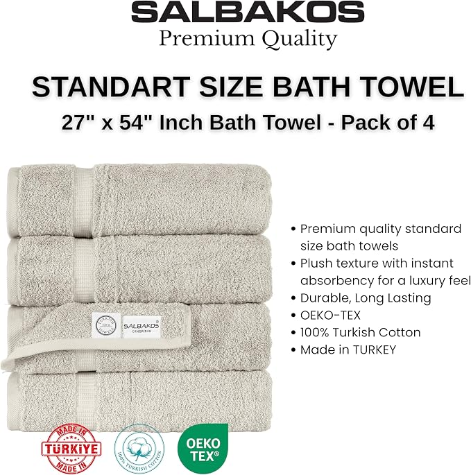SALBAKOS 100% Turkish Cotton Bath Towels | 4 Piece Turkish Bath Towels Stone 27x54 in Standard Size | Premium Hotel Quality, Super Absorbent, Thick & Plush Turkish Bath Towel (Stone, 4 Bath Towels)
