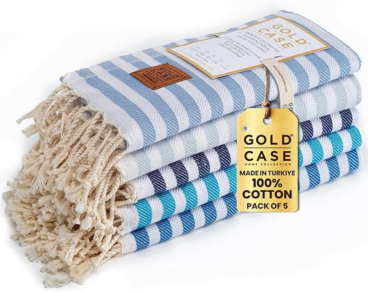 Gold CASE Turkish Hand Towels Set of 5 – 100% Cotton Hand Towels for Bathroom 20 x 40'' – Soft & Quick Dry Cotton Towel for Hands, Hair, SPA & Gym – Elegant Bathroom Towel Set in Blue Tones