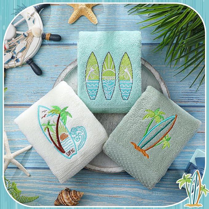 Hahafelt 3 Pack Summer Surfboard Hand Towels for Bathroom 100% Cotton Embroidered Beach Bathroom Towels 13.78 x 29.53 Inch Soft Absorbent (Green Series, Surfboard)