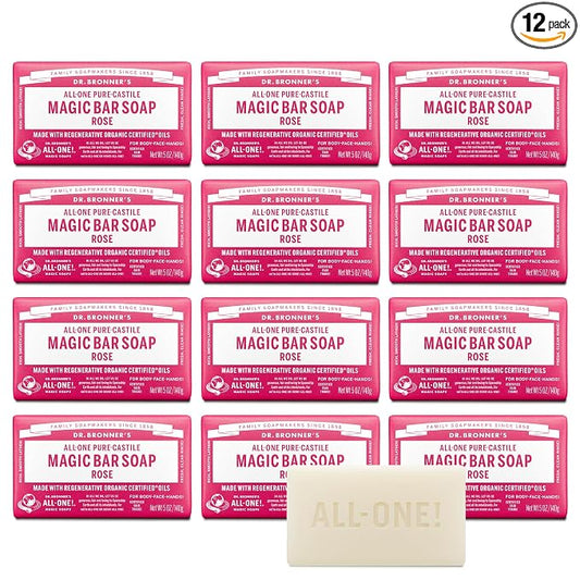 Dr. Bronner's Pure-Castile Magic Bar Soaps - Made with Regenerative Organic Certified Oils - For Face, Body, Hair- Vegan Soap Bars for Men & Women - Rose, 12 pack, 5 oz