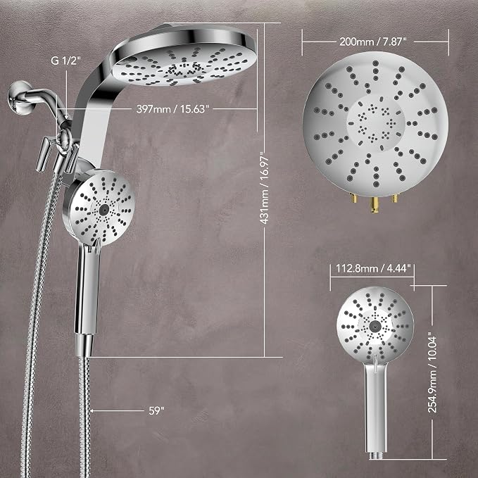 High Pressure Rain Showerhead Combo, 2026 Magnetic Shower Head Set with Detachable 8-Mode Handheld Shower Spray, Adjustable Angle Dual Showerhead System with Built-in Magnetic Docking and Power Jets