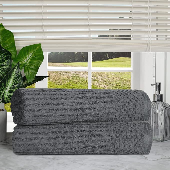 Superior Cotton 2-Piece Solid and Ribbed Bath Sheet Set, Bath Sheets- 34" x 68", Charcoal