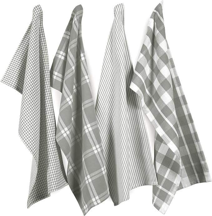 LANE LINEN 100% Cotton Kitchen Dish Cloths, Ultra Soft Absorbent Quick Drying Dish Towels, Multiweave Wash Cloths Dish Towel Sets, 13x28 Inches, 4 Pack - Grey