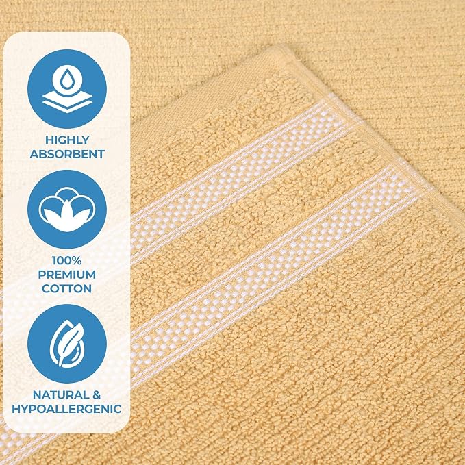 Superior Cotton Face Towel/Washcloth Set, Zero Twist, Ribbed Geometric, Small Facial Towels, Spa, Hotel, Guest, Home, Bathroom Basics, Plush Soft Absorbent, Luxury Quick Drying, Set of 12, Gold