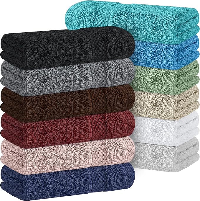 White Classic Luxury Cotton Washcloths 13x13 Inch - 650 GSM Turkish Cotton | Hotel, Spa, Bathroom Face Towel | 12 Pack, Multicolor