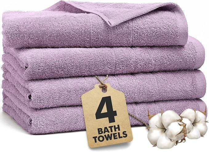 Bath Towels Set of 4 – 100% Ring Spun Cotton Lilac Extra Large Towels for Bathroom, Spa Use (55x28 in) – 550 GSM Super Soft and Quick Dry Large Bath Sheets for Adults