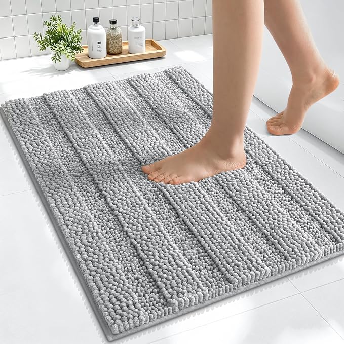 Smiry Thick Small Chenille Bathroom Rugs 24x16, Extra Soft Absorbent Striped Bath Mat, Machine Washable, Rubber Backing, Bath Rugs for Tub & Shower, Modern Home Decor Accessories, Light Grey