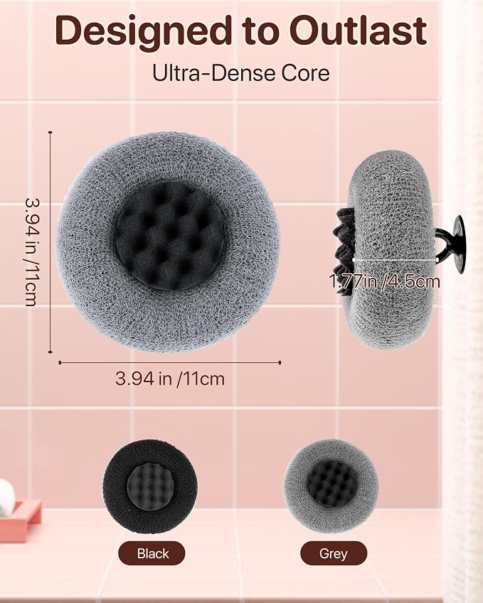 Super Soft Sunflower Suction Cup Bath Sponge loofah, 2026 Upgraded 2-in-1 Sunflower Ball Exfoliating Bath Sponge Cleaning Brush, Mesh Shower Body Sponge Accessories for Women, Men Shower (Black+Grey)