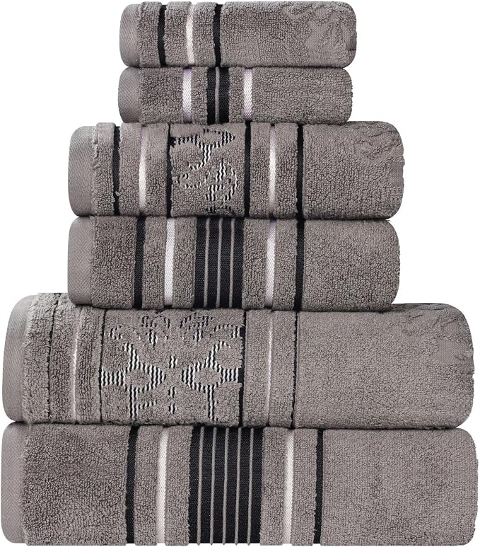 Superior Cotton 6 Piece Assorted Floral Towel Set, Includes 2 Bath, 2 Hand, 2 Washcloth/Face Towels, Quick Dry, Home Essentials, Shower, Spa, Luxury Plush Soft Absorbent Towels, Zero Twist, Charcoal