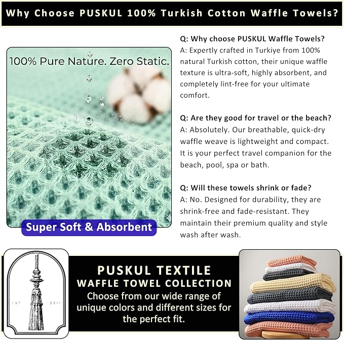 PÜSKÜL Natural 100% Turkish Cotton Waffle Bath Towels Set of 2-Piece | 32x63 inch Extra Large Absorbent Quick-Dry Lightweight Spa Towel | Luxury Sauna Accessories (Sage Green, Bath Towels - Pack of 2)
