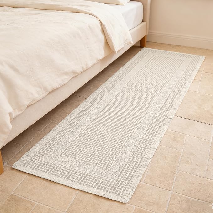 Waffle Runner Rug Non Slip, Boho Bath Mat, Super Absorbent Quick Dry Long Bath Runner Bathroom, Soft Farmhouse Bath Rug with Tassels, Washable Shower Mats for Floor 24"x72", Square Cream