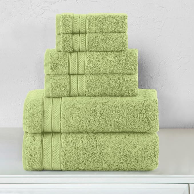 Elegant Comfort Luxury 6-Piece Towel Set, Premium Soft 100% Turkish Cotton, Three Line Popcorn Design 2 Bath Towels, 2 Hand Towels and 2 Washcloths Towel Set - Quick-Drying and Absorbent, Sage Green