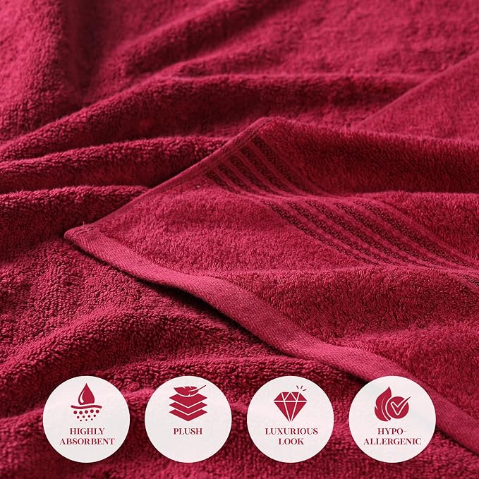 Superior Egyptian Cotton 12-Piece Towel Set, Assorted Towels for Home Bathroom, Master, Guest Bath, Decor Essentials, Includes 4 Bath, 4 Hand, 4 Face Towels/Washcloths, Quick Dry, Absorbent, Burgundy