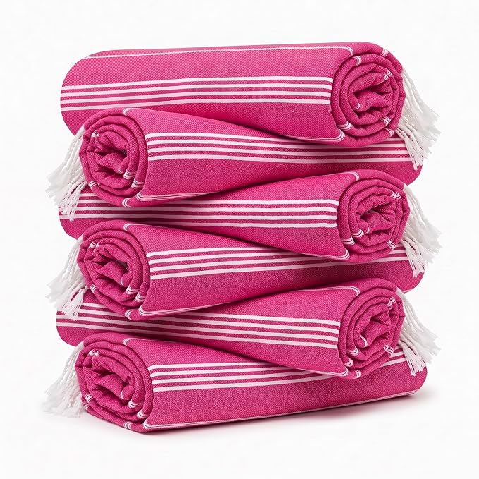 HAVLULAND Turkish Beach Towel Set of 6 Oversized 72x40 100% Turkish Cotton | Soft Hammam Peshtemal, Sand Free, Quick-Dry, Absorbent Bath Towel, Lightweight & Compact for Travel, Pool, Gym, Spa - Fuchsia