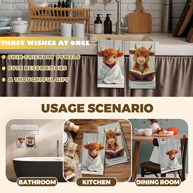 Bath Towels Set of 2, Cute Highland Cattle Dish Towel for Bathroom Spa Washroom, Western Calf Fast Drying Decorative Hand Towels, Farmhouse Housewarming Xmas Gifts for Women Mom -B22
