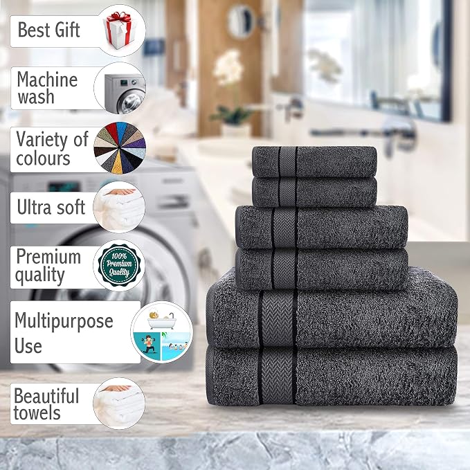 Luxury Bath Towels Set-100% Cotton- 2 Bath, 2 Hand & 2 Washcloths- Large, Thick, Fluffy, Absorbent, Quick Dry, Soft, Plush -Gift, Hotel, Gym Towel -6 Piece Luxury Bathroom Towels -Charcoal /Dark Grey