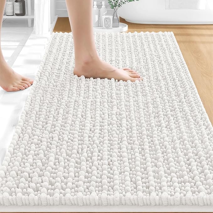 OLANLY Bathroom Rug Mat 30x20, Thick Soft and Absorbent Chenille Bath Mat, Non-Slip Rubber Backing, Machine Washable Quick Dry Bath Rugs for Tub Shower Floor, Home Decor Accessories, Ivory