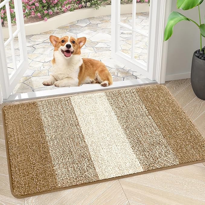 Smiry Dog Door Mat for Muddy Paws, Absorbs Moisture and Dirt, Low-Profile Entryway Mat with Non-Slip Backing, Entry Indoor Outdoor Doormat for Inside Floor (34x21 Inches, Camel, Striped)