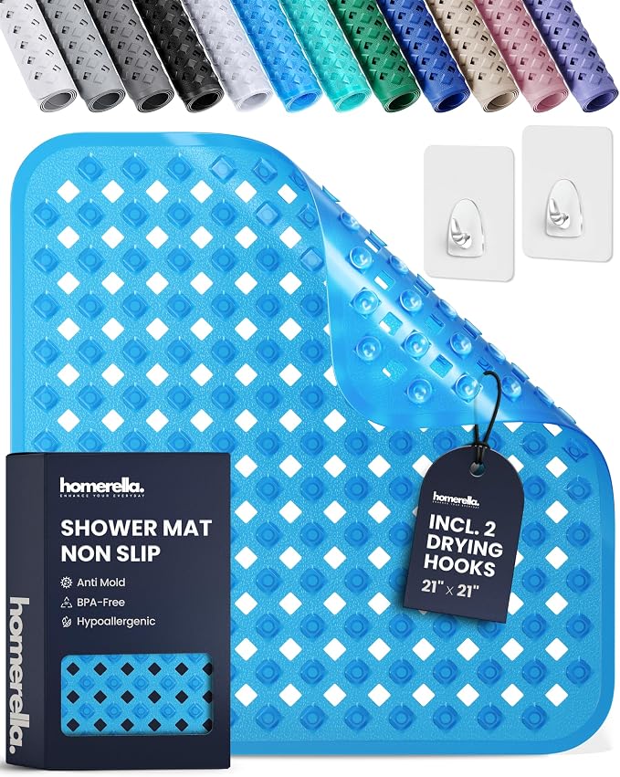 homerella® Shower Mat Non Slip Anti Mold, Non Slip Shower Mats for Inside Shower Stall Anti Slip Mat, Square Shower Floor Mat 21 x 21 in with Suction Cups & Hooks for Quick Drying, Machine Washable
