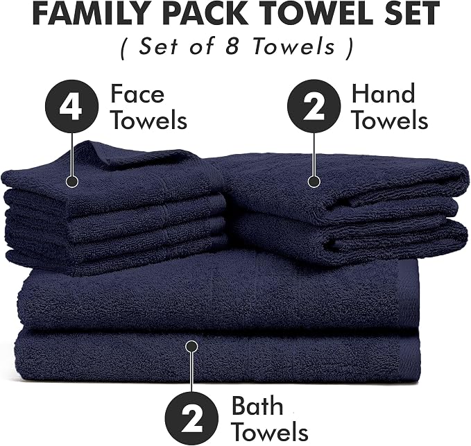 Bath Towels Set of 8 – 100% Cotton (Navy Blue) Bathroom Towel Set Bale Includes 2 Bath, 2 Hand, 4 Face Towels – Soft, Absorbent & Quick Dry Towel for Bathroom, Spa, Kitchen, Hotel Use